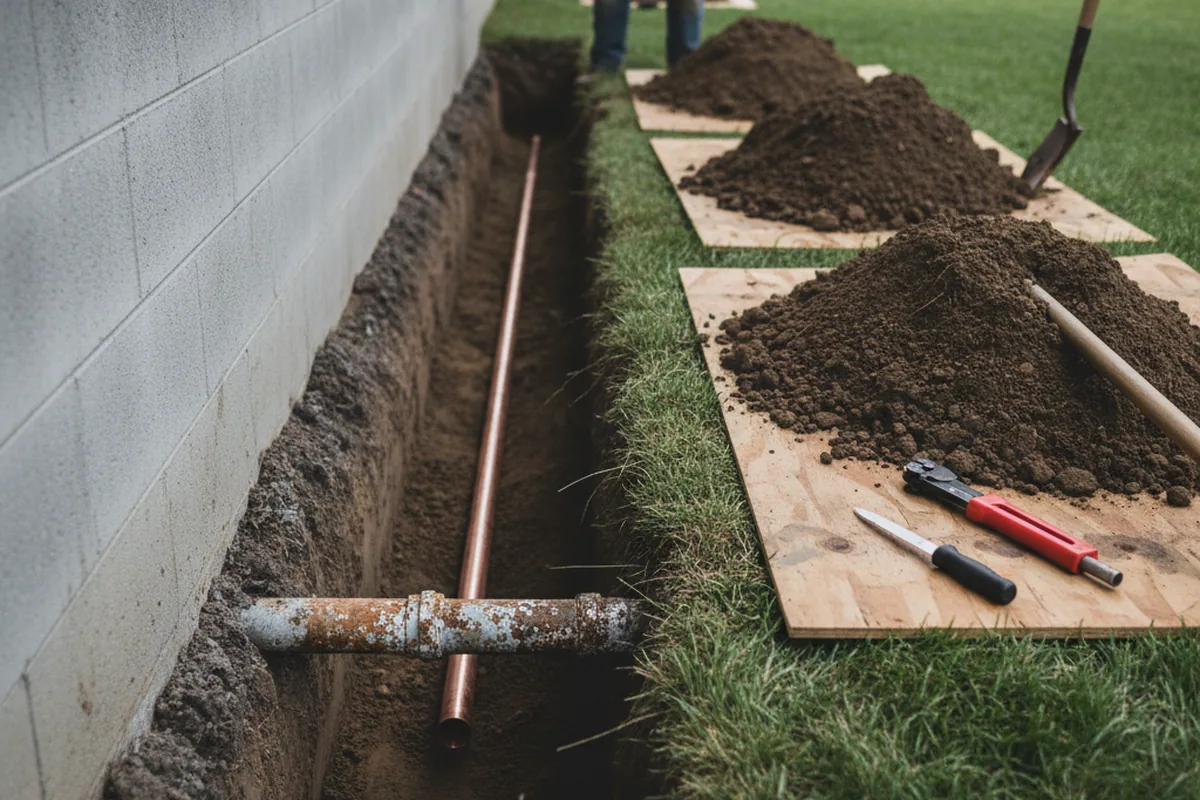 Excavated water line trench during Water Heater Repair in Custer